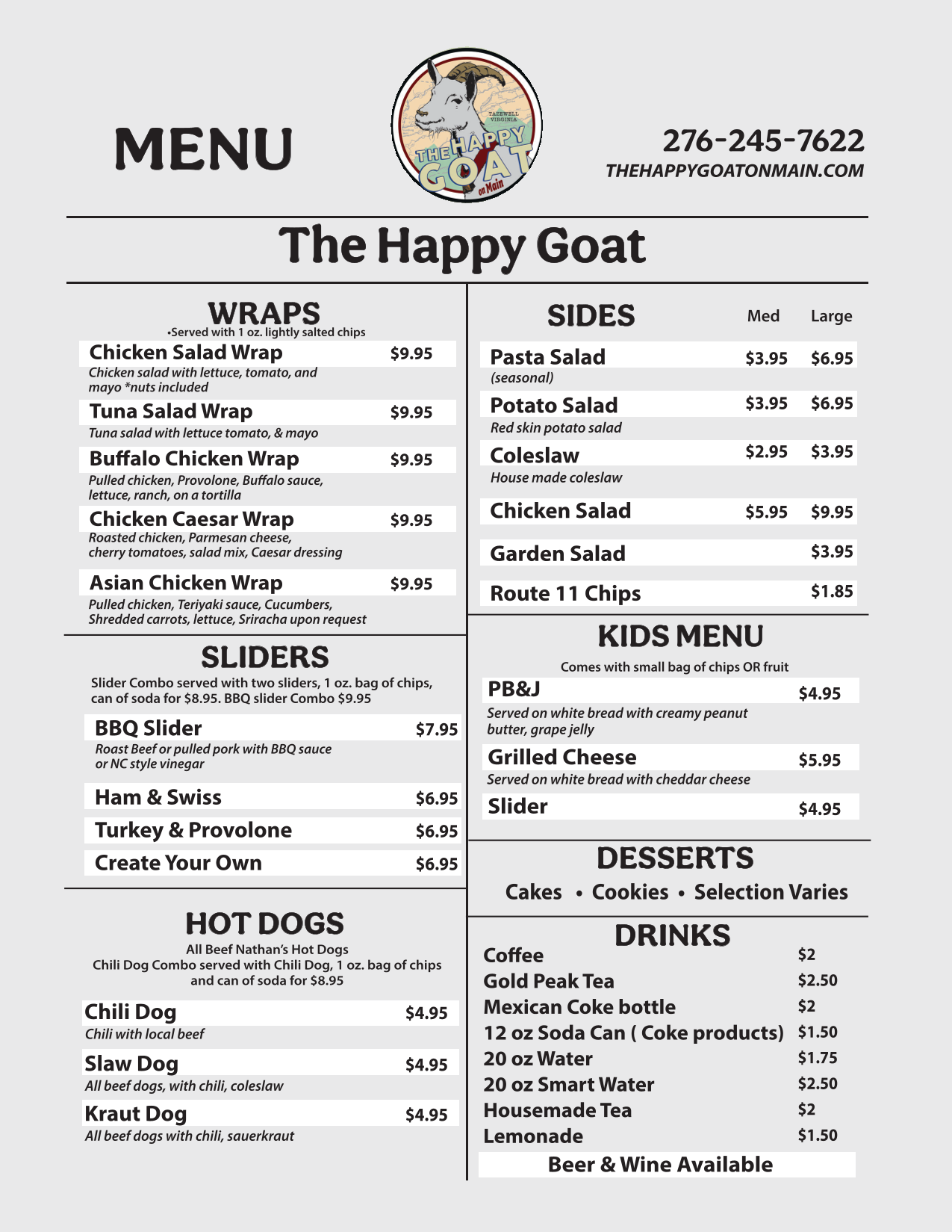 2025 Happy Goat Menu Page 1